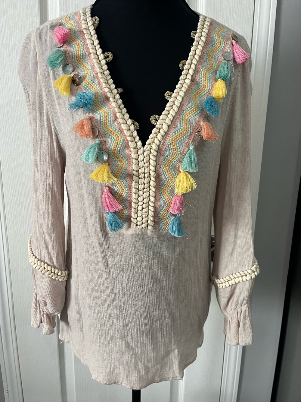Soft Surroundings Neutral Boho Tunic with Multicolor Tassels